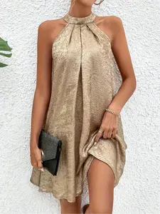 Champagne Color Halter Neck Dress, Cold Shoulder Tie Back Spaghetti Strap Dress, Women's Fashion Sleeveless Summer