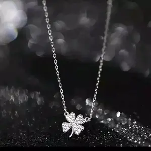 Silvery Four Leaf Clover Lucky Shamrock Pendant Necklace Retro Neck Jewelry for Women boujee