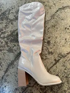 Stephanie Knee High Faux Leather Taupe Platform Heeled Boots