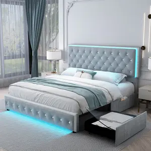 [Summervibes] Sibeds Queen Size Upholstered LED Bed Frame with Storage Drawers, King Size bed frame with mattress Full Bed with Crystal Button Tufted Headboard and Solid Slats Support, Noise Free, No Box Spring Needed, PU & Velvet Led Platform Bed