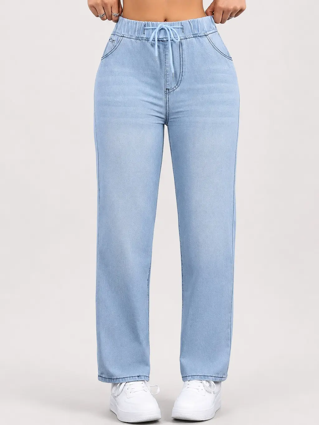 Women's Plus Size 1XL High-Waisted Soft Stretch Denim Crop Jeans - Adjustable Elastic Waist Drawstring, Pull-On Loose Fit Straight Leg, Streetwear Bottoms with Pockets for Casual Everyday Wear