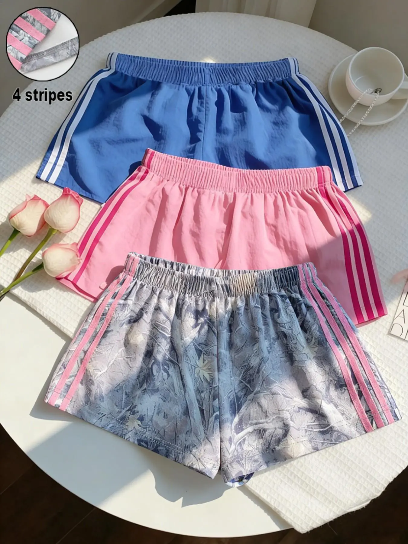 3-Pack Summer Sporty Fashion Solid/Camouflage Print Side Stripe Casual Shorts, Elastic Waist, Loose-Fit, Daily Wear Women's Bottoms