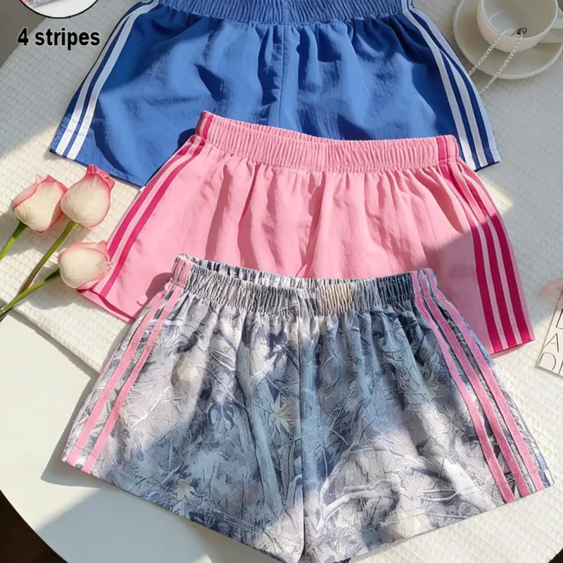 3-Pack Summer Sporty Fashion Solid/ Print Side Stripe Casual Shorts, Elastic Waist, Loose-Fit, Daily Wear Women's Bottoms, Athleisure Shorts