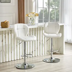 Set of 2 Adjustable Bar Stools, PU Upholstered Tufted Backrest Chairs with Chrome Footrest for Kitchen Island Pub Bar, White