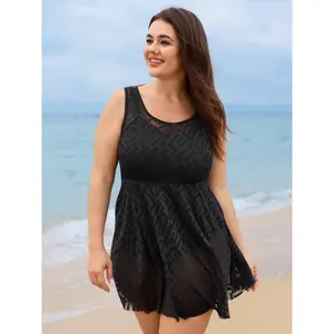 BLOOMCHIC Plus Size Mesh Lace Trim Skirted Swim Dress - Nylon Blend, Stylish Swimwear, Swimdress Tummy Control, Built-in Cover-Up & Cup, Elastic Figure-Flattering Fit, Beachy Casual [M-6X] 2026 Summer