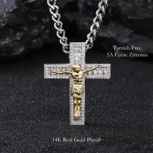 Chrysmos Two Tone Yellow Gold & White Gold Christian Cross Necklace - 24" 6mm Cuban Link Chain w/ Jesus Pendant | 14K Gold Plated | Hand Polished CZ | Religious Jewelry for Men