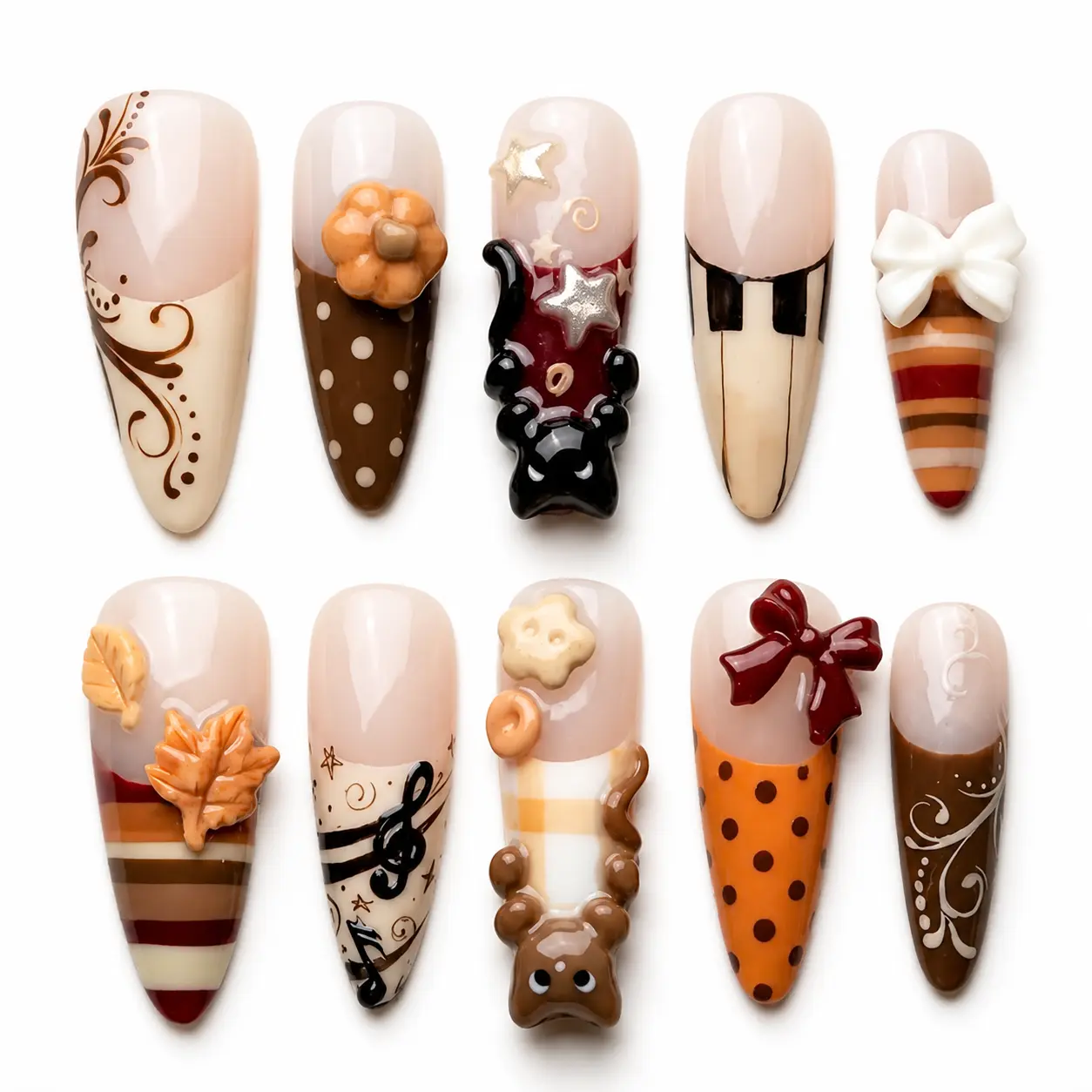 Kawaii Fall Press On Nails, 3D Cat Autumn Nail Set, Handmade Pumpkin Nails