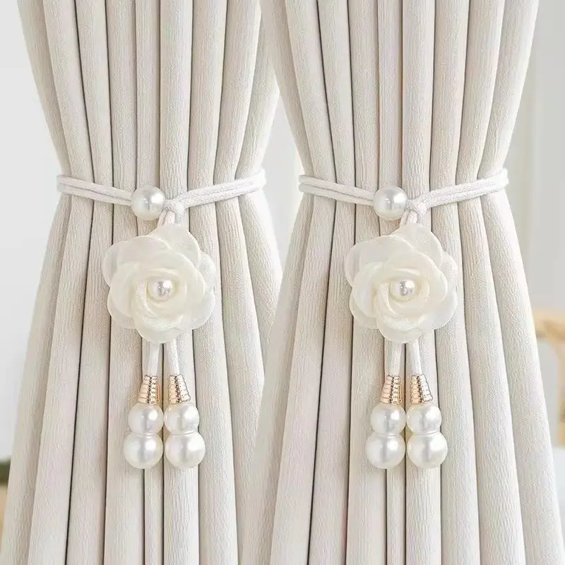 Elegant Luxurious French Style Cotton Rope Curtain Tiebacks, 2pcs Camellia Design Pearl Curtains Holdback, Bedroom Living Room Versatile Decor, Pearl Accents