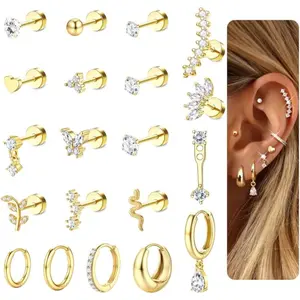 Milacolato Women's Hypoallergenic 20G Cartilage Earring Set, Mix Styles Stud & Hoop, Surgical Stainless Steel Gold, Flat Back Secure Fit, for Helix, Daith Piercing Ear, Tragus, Conch Multiple Piercings