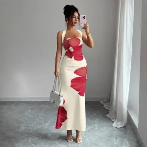 Sexy Bodycon Maxi Dress for Women Halter Neck Sleeveless 2026 Floral Print Mermaid Party Dress for Date Night Club Outfits
