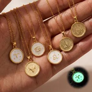 Aprilery Glow in the Dark Zodiac Sign Reversible Necklace, Personalized Horoscope White Enamel Charm Pendant, Astro Constellation Jewelry for Women Aesthetic Gift