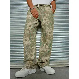 Men’s retro oil painting floral jacquard casual pants — elastic drawstring waist, loose straight fit, American high-street style, suitable for everyday streetwear looks