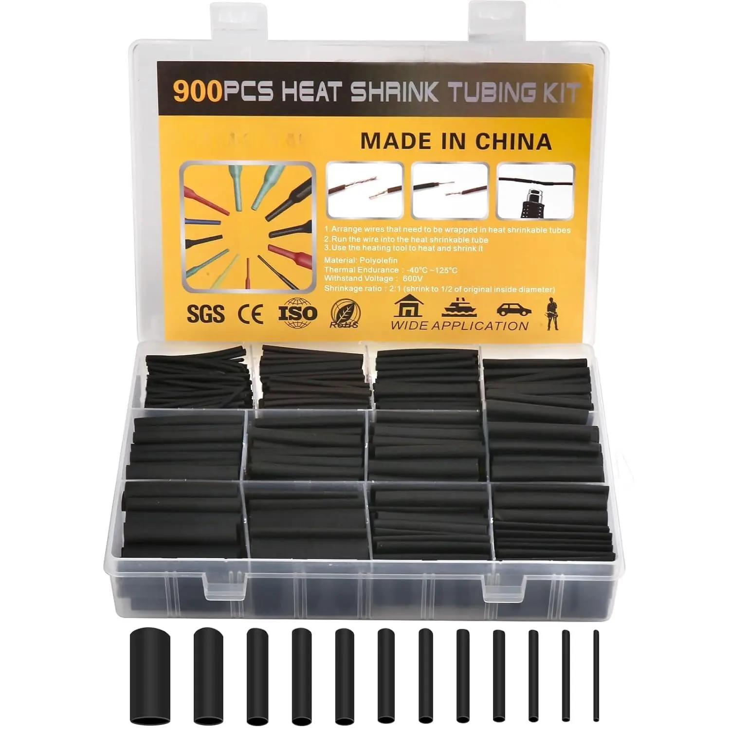 900 count Wire Heat Shrink Tubing Kit, Industrial Heat-Shrink Tubing for Wires, 2:1 Marine Grade Heat Shrink Wrap,  Large Electrical  Heat Shrink Tape (Black 12 Sizes)