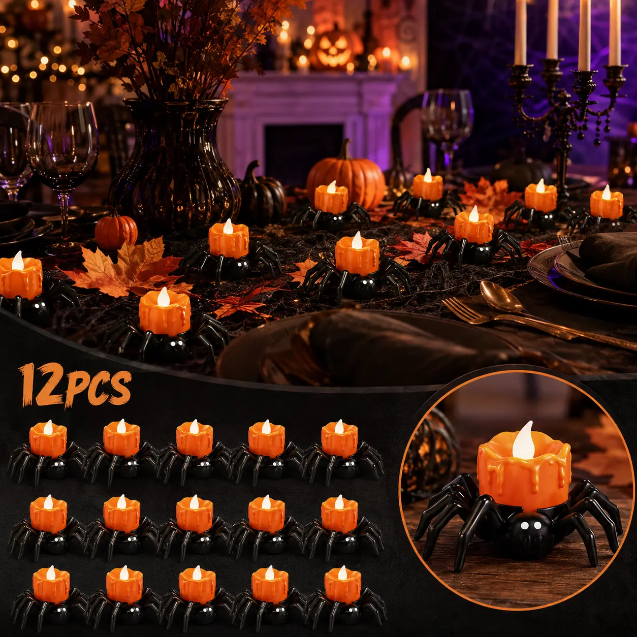 12 Halloween tea candles, battery-powered flameless Halloween LED candles, spider-shaped tea candles, spooky realistic spider candles, perfect for Halloween party decorations, vintage Halloween decorations