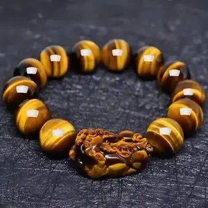 NaturalYellowTigerEyePixiuBeadedBraceletTigerEyeStone14MMUnisexBracelet