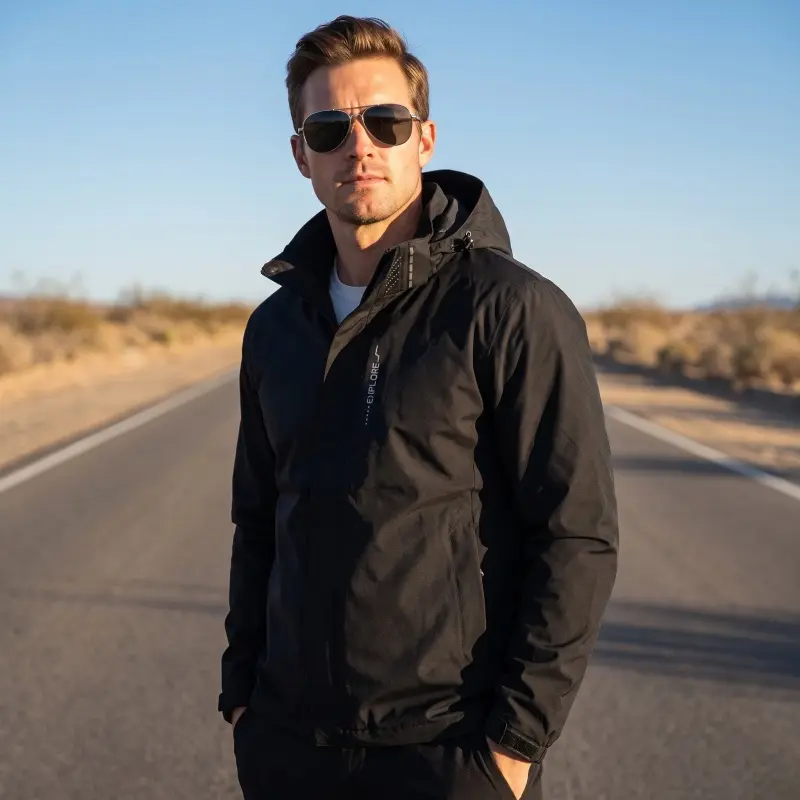 Men's Fitted Woven Rain Jacket - Solid Waterproof Windbreaker with Full-Zip, Adjustable Hood, Long Sleeve, Raincoat, Outdoor Rain Guard, All Season Lightweight Outerwear for Casual Hiking Sports, Mens Clothing Tops