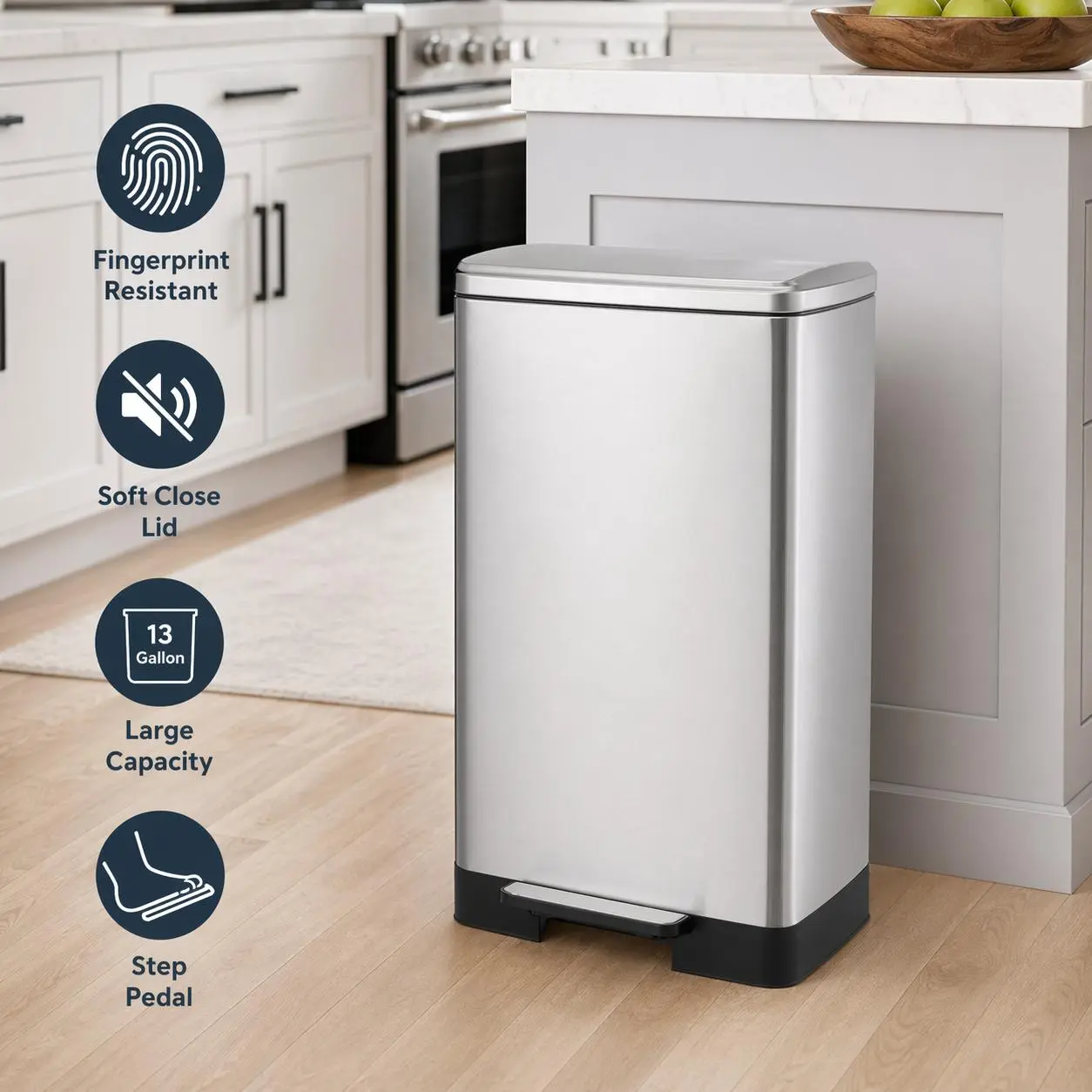 Garvee 16 Gallon Stainless Steel Trash Can 60L Large Step Garbage Bin With Wheels Soft Close Lid And Removable Inner Bucket For Kitchen Office