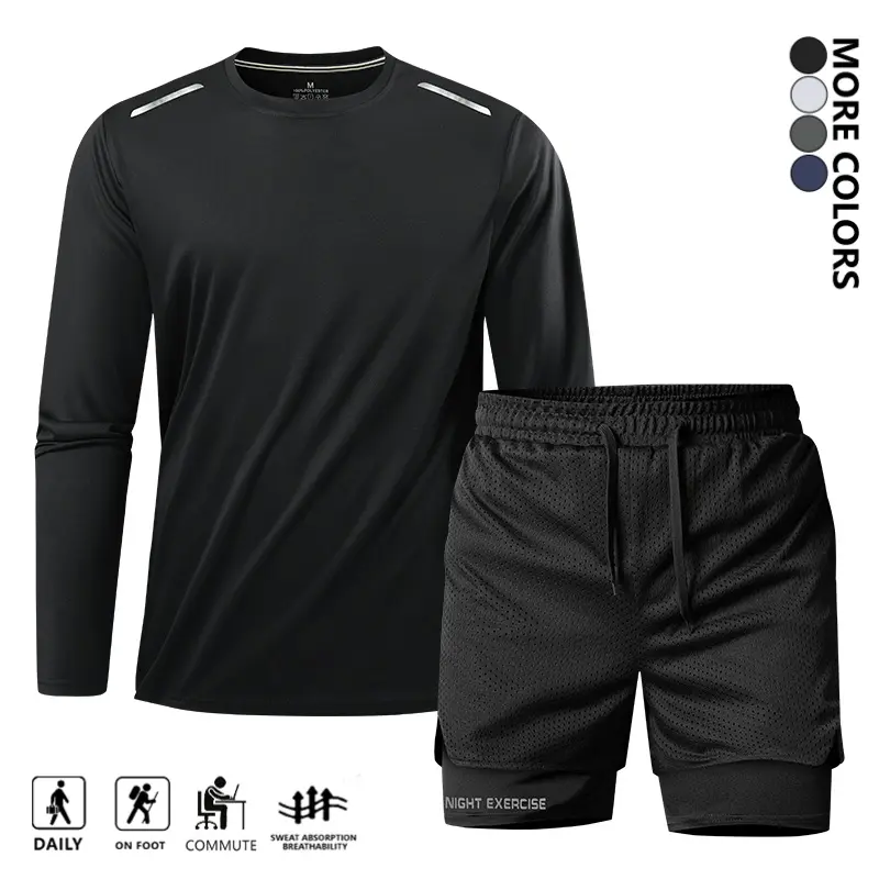 2-Piece Men's Casual Athletic Outfit, Breathable Simple Crew Neck Long Sleeve Tee and Shorts Set, Lightweight Tracksuit Suitable for Running, Gym Workouts and Outdoor Hiking