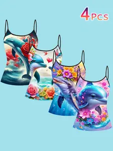 Dreamy Dolphin Floral Strapless Tank Top, Summer Ocean Print Slim Fit Sleeveless T-Shirt, Casual Vacation Style Women's Outerwear
