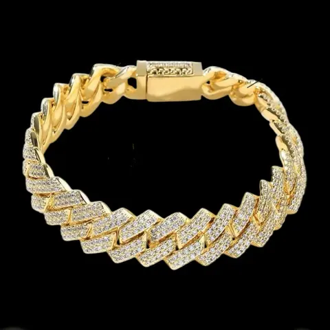 Miami Prong Bracelet with CZ Stones 14 Karat Gold Plating 7.8 Inches Long