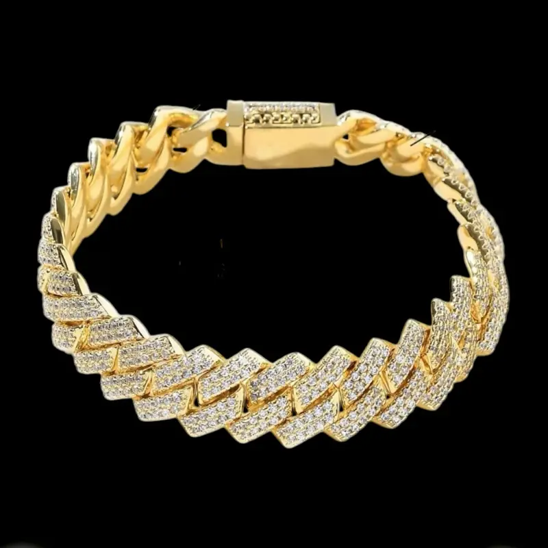 Miami Prong Bracelet with CZ Stones 14 Karat Gold Plating 7.8 Inches Long