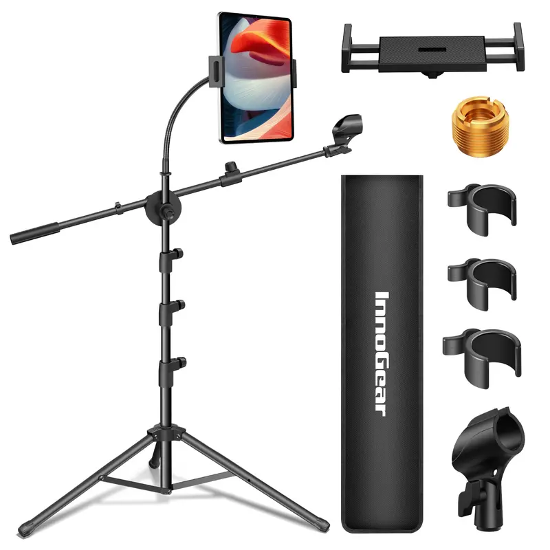 InnoGear 6-in-1 Portable Microphone Floor Tripod Stand with 360° Rotatable Boom Arm, Metal Poles, Gooseneck, Phone-Tablet Holder, Carrying Bag, 3/8"-5/8" Screw Adapter - 30"-72" Height, 24.4" Spec, Blue Snowball Compatible for Singing, Karaoke