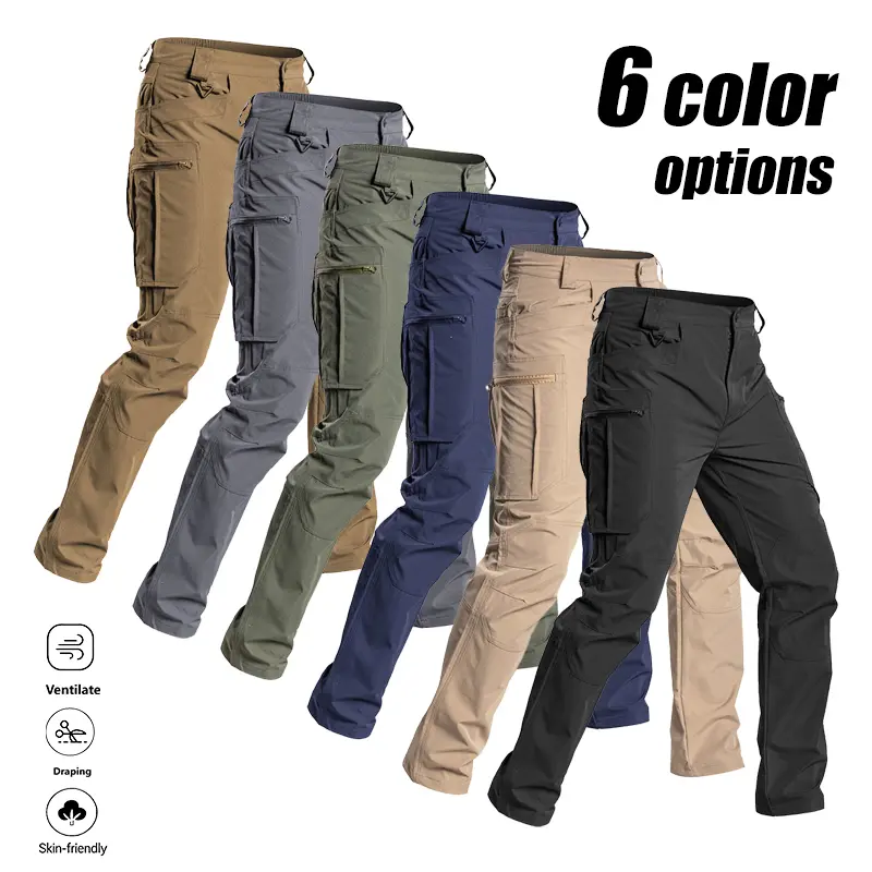 LIFE KEEPS MOVING Men’s solid-color tactical work pants, belt not included, featuring multiple pockets and zip closures; durable outdoor hiking casual pants suitable for outdoor construction workers’ uniform, hiking, and spring/autumn seasons.