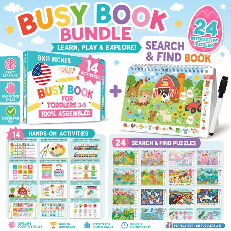 Hadley Designs Toddler Activity Book Bundle for Kids 3-5 - Montessori Busy Book & Dry Erase Search and Find Book