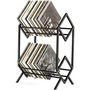 2-Tier Vinyl Record Storage Holder With Dividers, Holds 200 LPs Albums, Steel Music Records Display Storage Rack Shelf Organizer For Book, Magazine, Files