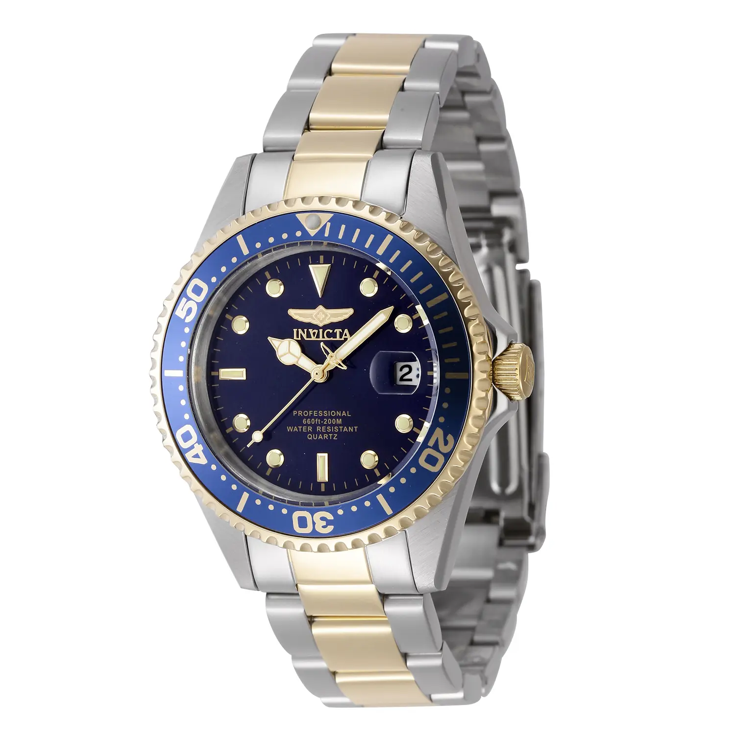 Invicta Pro Diver 37.5mm Men's Watch Refined Size Blue Matte Dial Two Tone Steel and Gold Bracelet Blue Bezel Gold Numerals Japanese Quartz 3 Hand Movement Screw Down Crown Flame Fusion 200m Dive Water Resistant Classic Diver