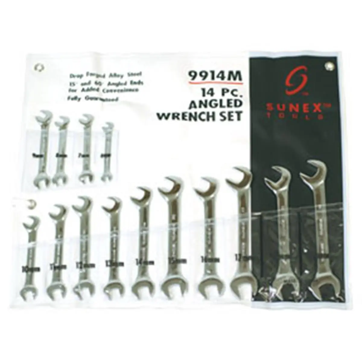 Sunex Tools 9914M 14-Pc Angled Metric Wrench Set for DIY Maintenance & Metric Tasks, 6mm-10mm Sizes, Drop Forged Alloyed Steel Construction, 15-Degree & 60-Degree Angled Heads
