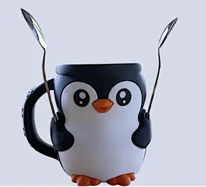Penguin Pint Ice Cream Cozy Holder with Handle Reusable Ceramic Mug Two Spoon Holders & Hideaway Draw Ice Cream Insulator for Cold Drinks