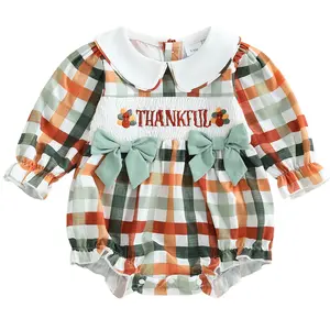 Newborn Baby Girl Thanksgiving Outfit Turkey Bubble Romper Long Sleeve Doll Collar Plaid Jumpsuit Boutique Fall Clothes