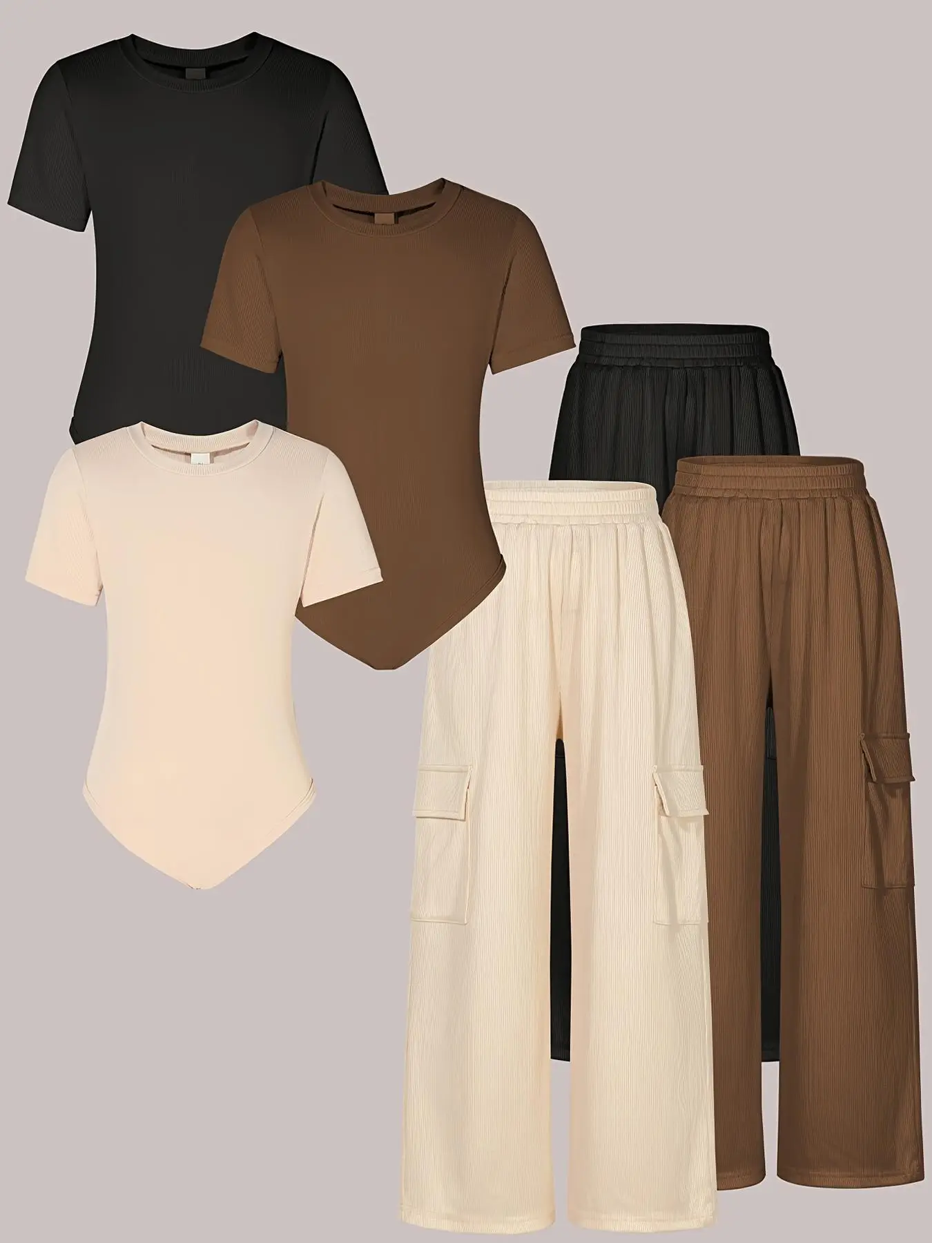 Girl's Solid Color Short Sleeve Bodysuit & Pocket Pants Set, Casual Round Neck Bodysuit & Wide Leg Trousers, Kids Clothes for All Seasons