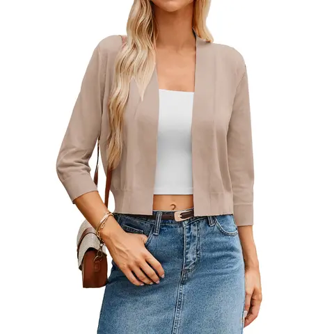 Grace Karin Women's Fitted Breathable Knitwear - 3/4 Sleeve Open Neck Cropped Open Front Cardigan, Casual Lightweight Top for Dresses, Back to School (2XL)