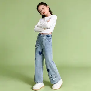 Children's Jeans with Heart Appliques Wide Leg Denim for Kids Comfortable Stylish Casual Wear Perfect for Playtime School or Outings
