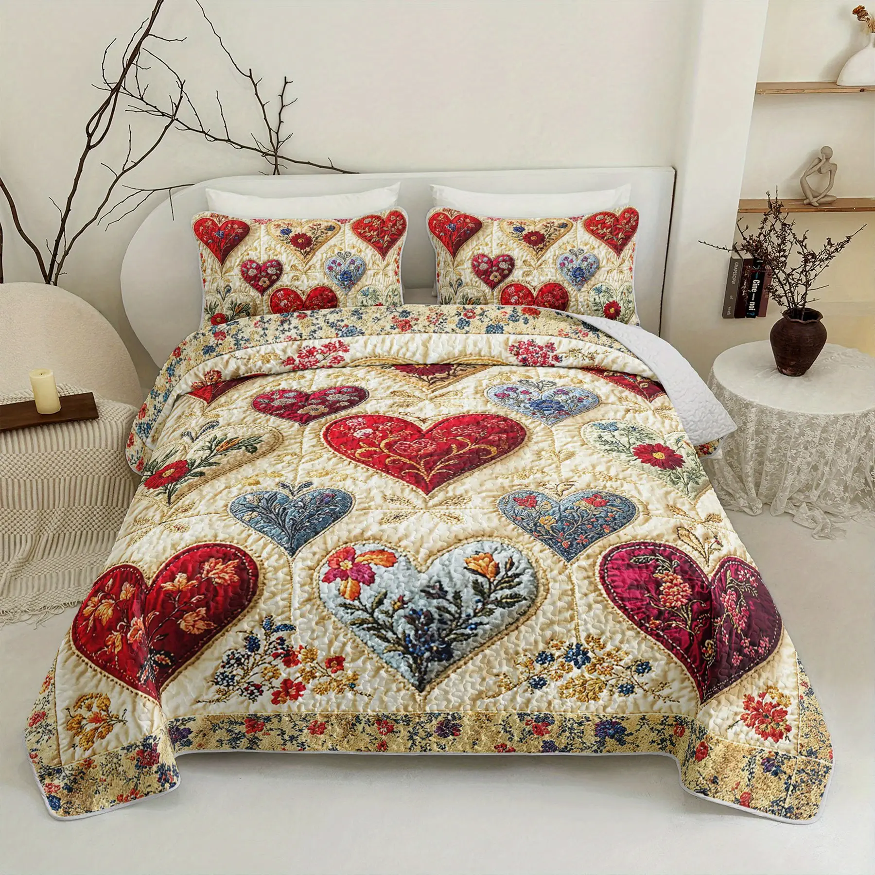 3pcs Floral Heart Patchwork Bed Cover Set Romantic Quilt Set Elegant Bedspread Sets Lovely Bedroom Decor Four Seasons (1Quilt + 2Pillowcases)