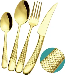 16- Modern Champagne  Hammered Silverware Set with Ultra  2-IN-1 Serrated Knive, Golden 18/10 Stainless Steel Flatware Set, Utensil Cutlery Set for 4 Person, Forks Spoons