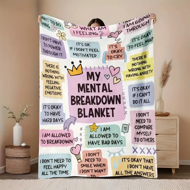 My Mental Breakdown Blanket, Positive Affirmation Flannel Throw, Soft Cozy Mental Health Support Fleece Blanket, Colorful Self-Care Reminder Design, Warm Comfort Blanket for Couch Bed, Gift for Mental Health Awareness
