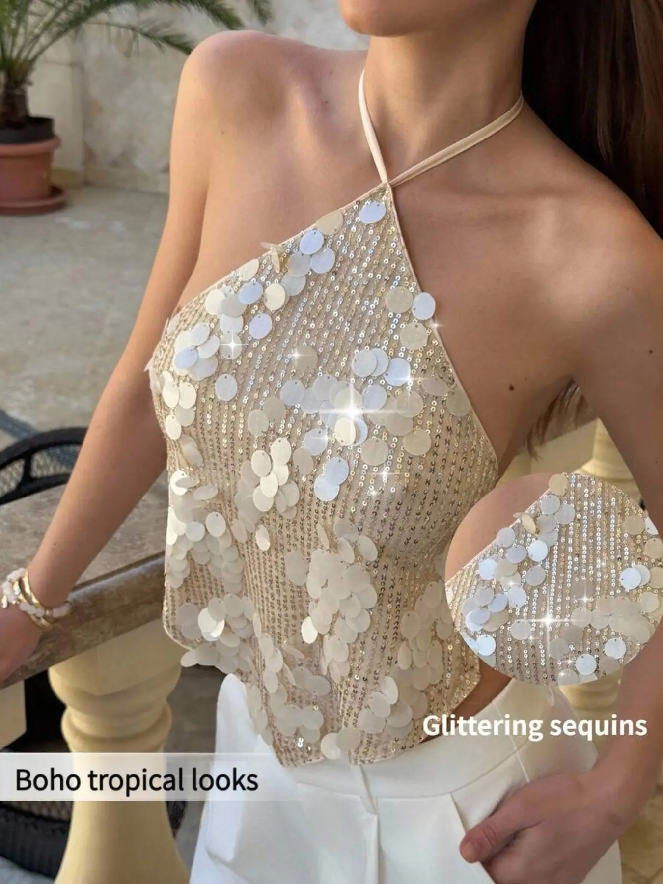 Women's Champagne Gold Sequin Backless Halter Top, Perfect for Retro Parties, Night Out, Beach, Tropical, Boho Style, Concerts, Edm Festivals