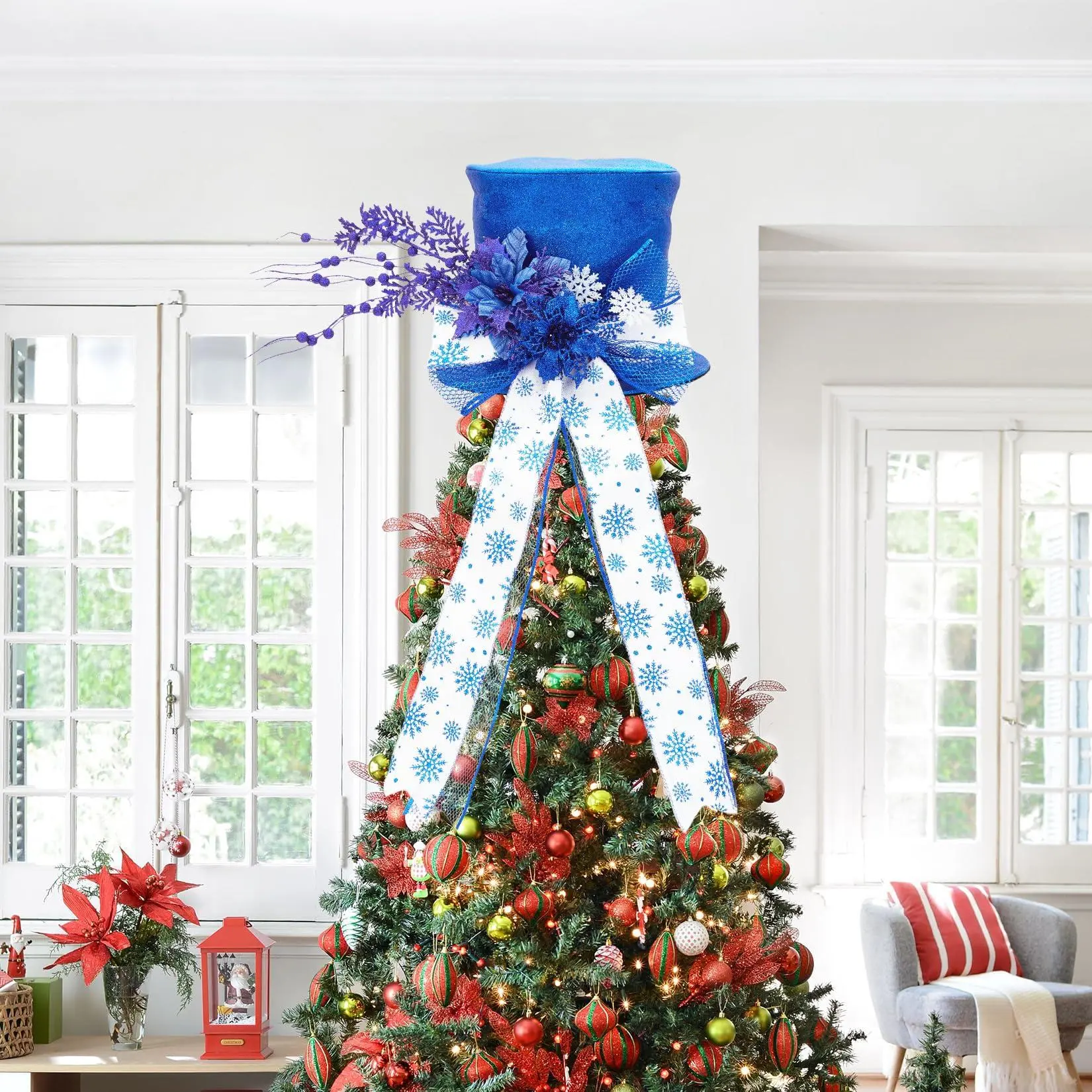 Garvee Lighted Royal Blue Shiny Christmas Tree Topper Bow - with Metal Snowflakes, Decorative Spruce Branch, for Indoor Holiday Tree, Snowman Display Decorations, Light