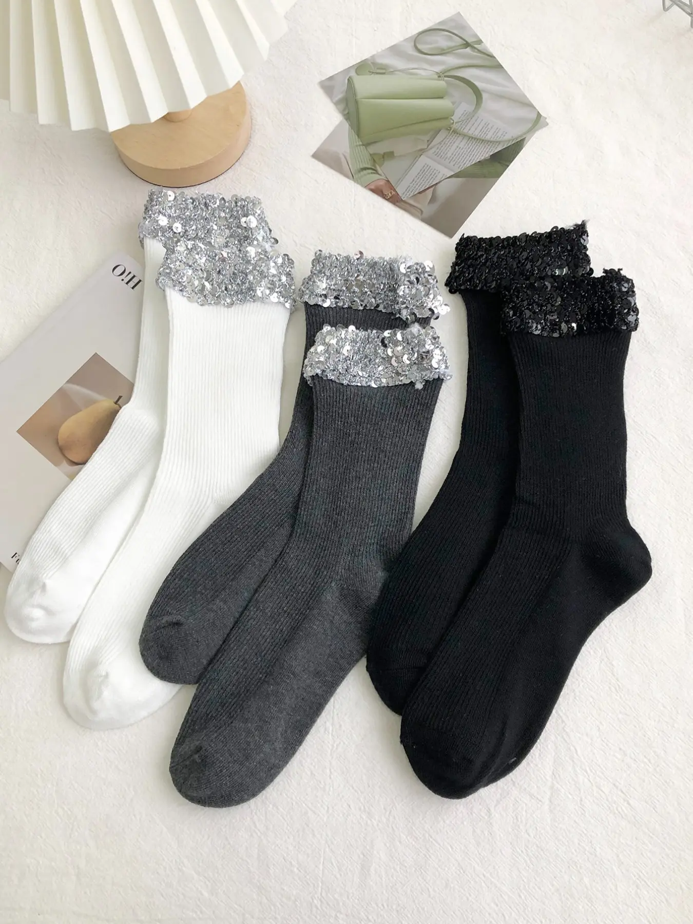 3pairs fashionable Chic light luxury sequined mid tube Socks Set elegant and comfortable versatile everyday casual socks suitable for women's dance parties and parties