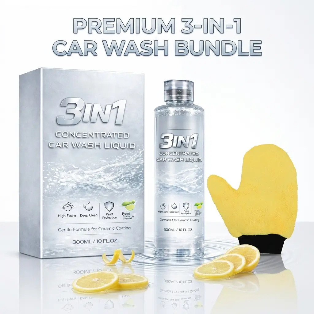 3-in-1 Concentrated Car Wash Liquid Bundle with 300ml Bottle & Microfiber Mitt - Ceramic Coating Safe, Wax Shine for Home, On-the-Go Car Detailing, Mirror Gloss Paint Care