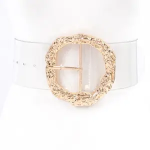 Big Vintage Round Metal Buckle Clear Belts PU Leather Women's Regular & Plus Size 3" Width 2 Colors Available