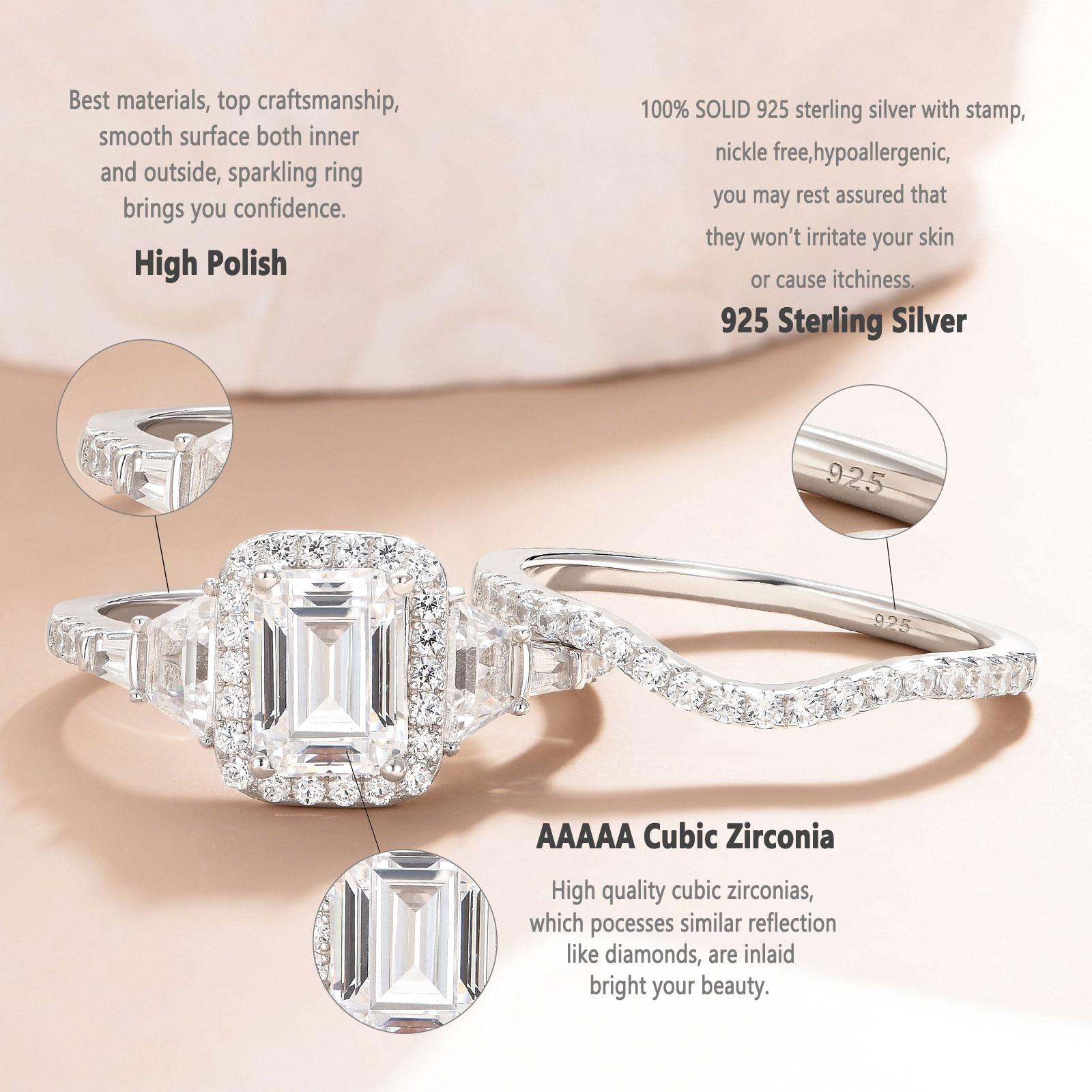 Newshe Wedding Rings for Her AAAAA Cubic Zircon Women's Bridal Sets 925 Sterling Silver Emerald Cut Engagement Ring Size 5-10