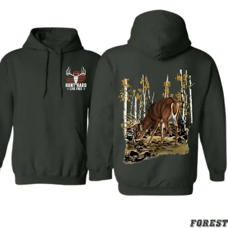 Men's Hooded Sweatshirt - 'Hunt Hard Live Free' Whitetail Deer Graphic Print, Casual Soft Fabric, All-Seasons Outdoor Hunting Top, Trending Basic Menswear Hoodies, Hand Wash Only