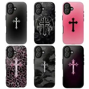 Y2K Gothic Chrome Cross Phone Case, Black & Pink Aesthetic Collection Suitable for iPhone 17-11 Pro Max/Plus and  Samsung Galaxy S23-25