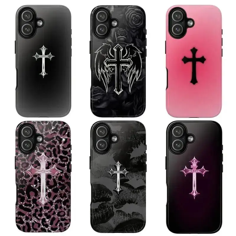 Y2K Gothic Chrome Cross Phone Case, Black & Pink Aesthetic Collection Suitable for iPhone 17-11 Pro Max/Plus and  Samsung Galaxy S23-25