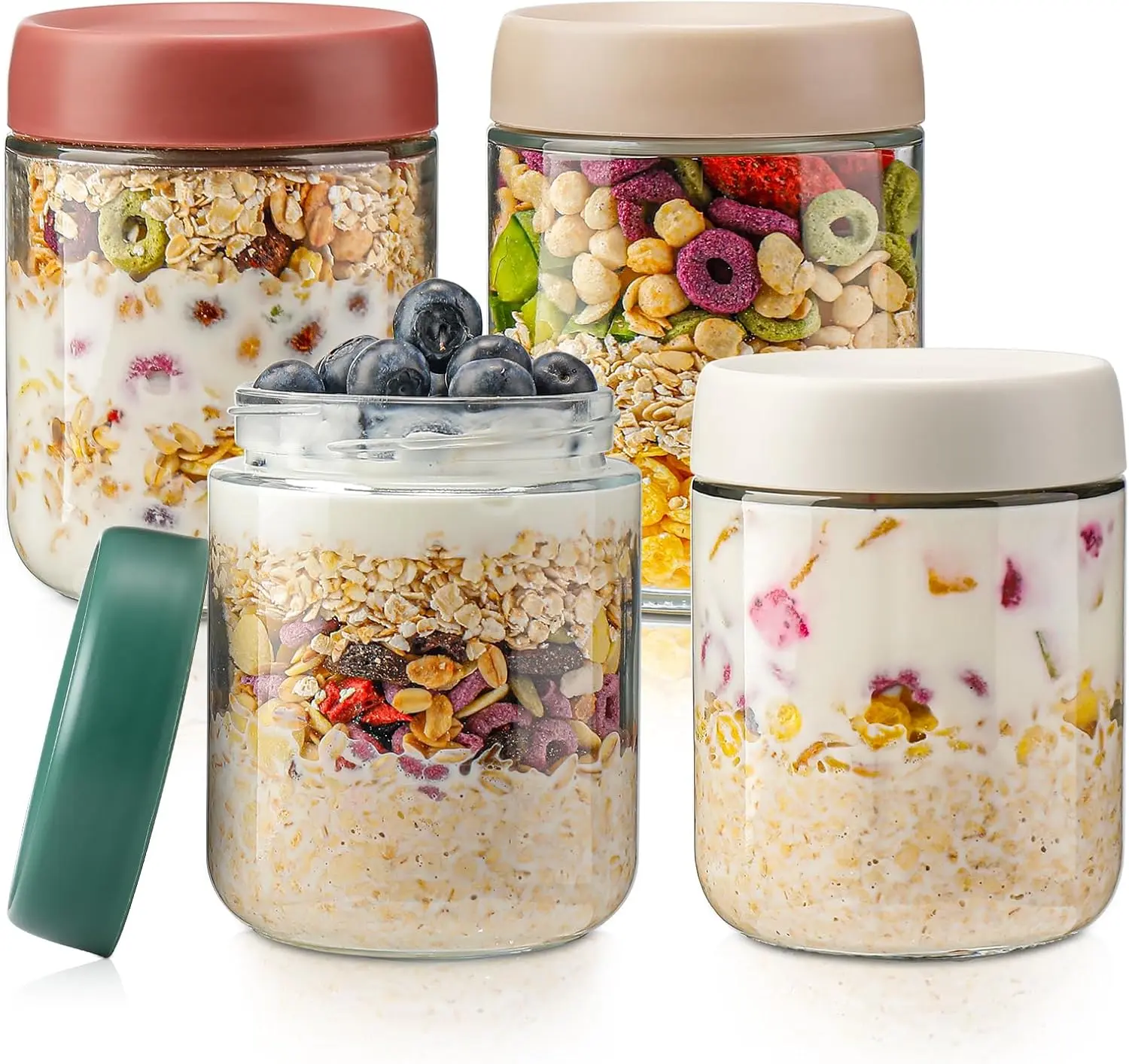 Overnight Oats Containers with Lids, 16oz Glass Jars with Lids - Set Of 4, Practical Oatmeal Container to Go, Pudding Jars, Food Containers