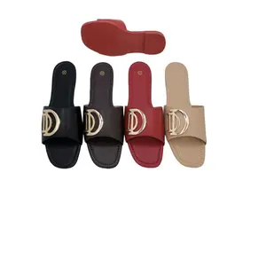 Women's Comfortable Slide Sandals with Stylish D-Logo in Black Brown Red & Beige Colors